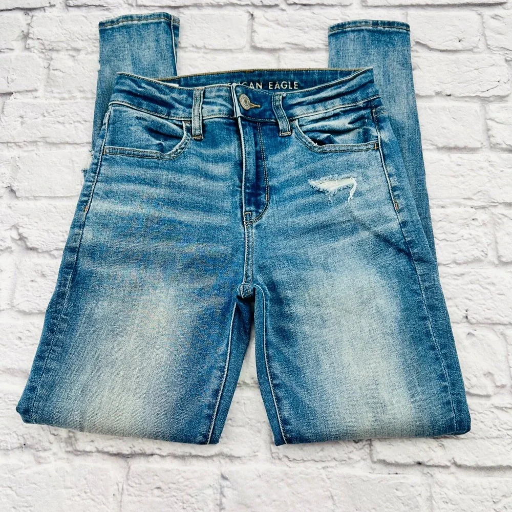 American Eagle Hi-Rise Jegging Womens 2 Short Blue Distressed Super Stretch Jean